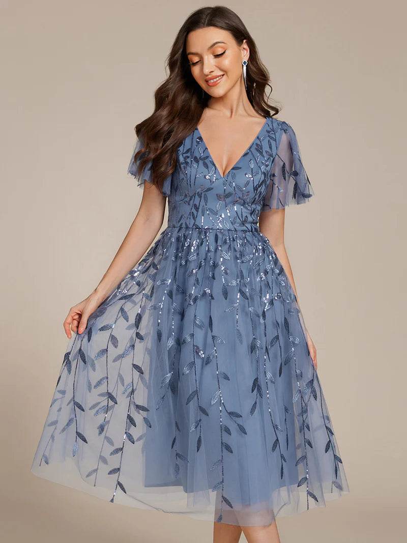 Exquisite Midi-Length Tulle Dress with Ruffled Sleeves, Sequins & Embroidery - Biamonde